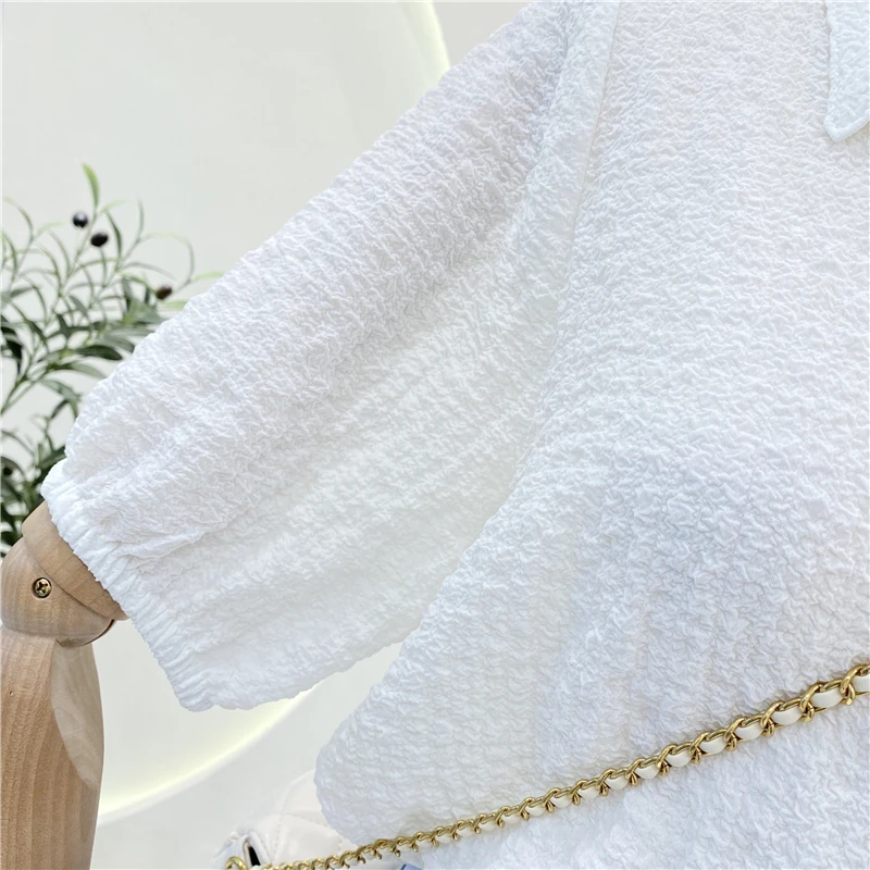 

2021 Summer Polo Shirt Loose Slim Puff Sleeve Ladies Tees Short-Sleeved Solid Color T-shirt Fashion Simple Button Up Women Top