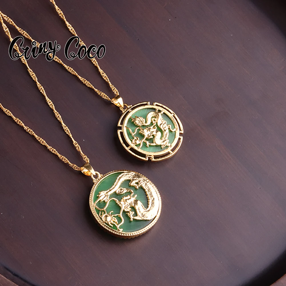 

Cring Coco Dragon Necklaces Chinese Style Vintage Natural Stone Jade Amulet Pendant Necklace Green Jewelry Choker for Men Women