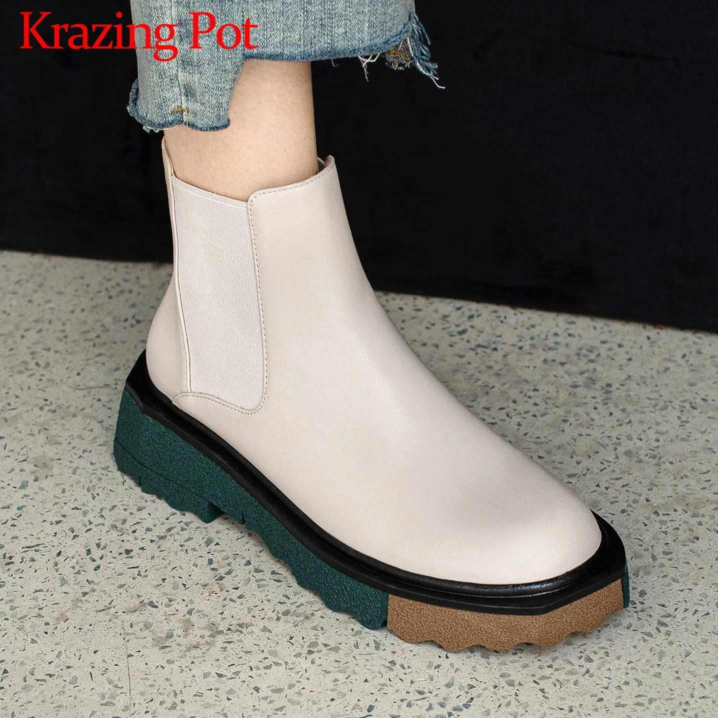 

Krazing Pot natural cow leather round toe winter platform boots non-slip mixed colors bottom med heels slip on ankle boots l74