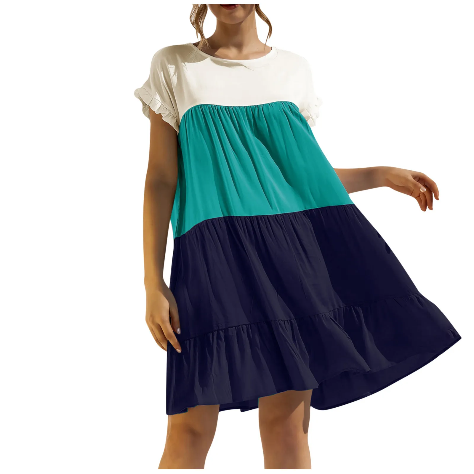 

Ladies Dresses Round Neck Stitching Loose Dress Short Skirt Ruffle sleeves Loose Casual Dresses vestidos elegantes para mujer