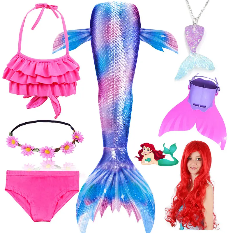 Женский детский русалочий костюм, костюм для плавания- купальник, парик, хвост, пристегивающийся моноласт, для девочек