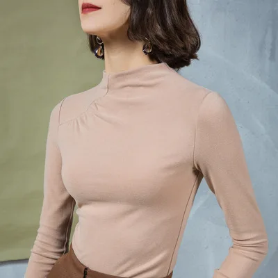

2021 High neck T-shirt long-sleeved solid color shirt 100% cotton slim-fit T-shirt gray