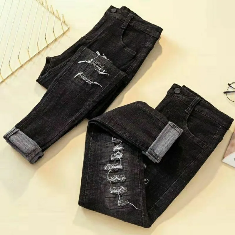 Women's Jeans 2020 Ripped Female Jeans Korean Button Hole Ms. Denim High Waist Loose Casual Pencil Pants