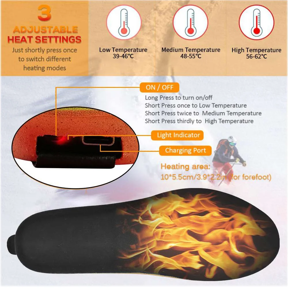 Winter Foot Warmer Heated Insoles Breathable Height Increase Shoes Pads Electric Recharge Thermal Shoes Insert for Winter Sports
