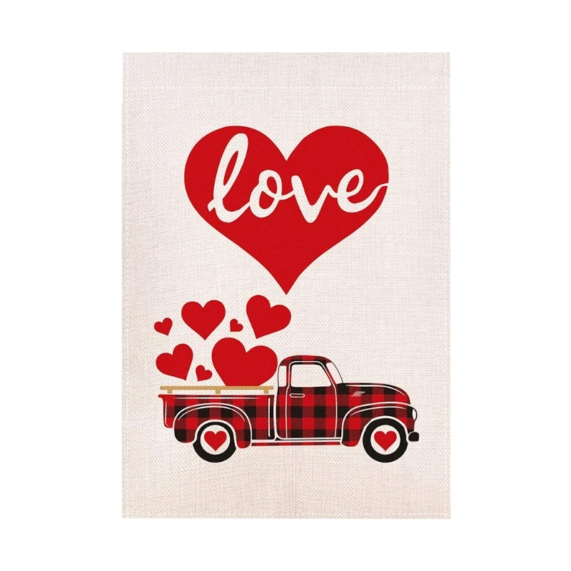 

Valentine's Day Garden Flag Double Sided Buffalo Plaid Red Truck with Love Heart, Burlap Yard Flag Holiday Anniversary Wedding