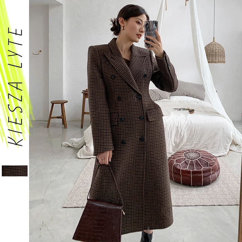 Винтажное Женское шерстяное пальто подиумное двубортное длинное в клетку на