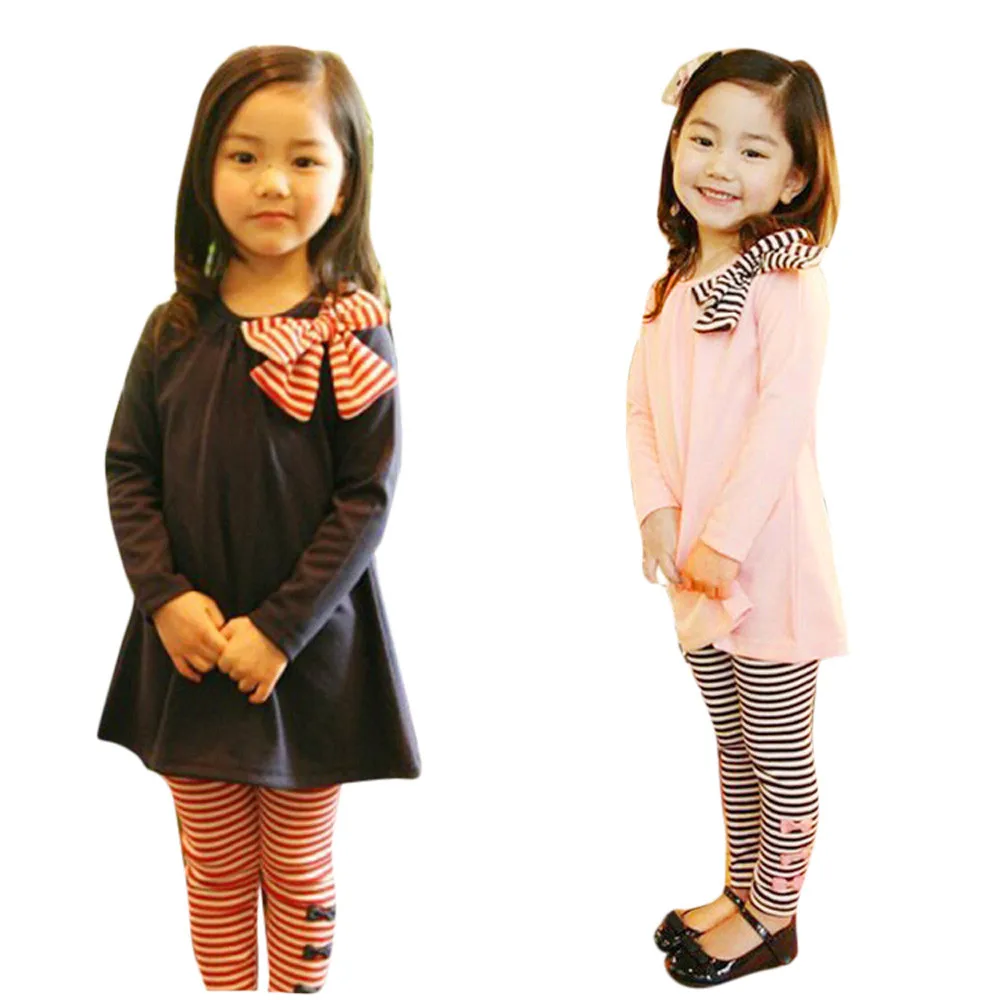 

Baby Clothes Set Baby Girl Clothes 2Pcs Kids Baby Girls Clothing Long Sleeve Bowknot Dress T-Shirt+Stripe Pants Set Clothes