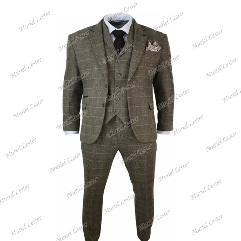 Зимние винтажные свадебные костюмы клетчатые твидовые плотные коричневые