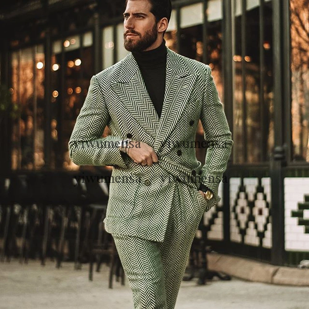 

Tweed Woolen Handsome Groomsman Slim Flim Fit Peacked Lapel Wedding Suits For Mens 2 Pieces Blazer+Pants Herringbone Jacket 2021