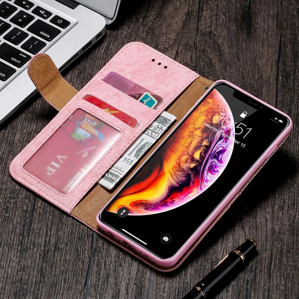 Алмазный блестящий кожаный чехол книжка для IPhone SE 2020 12 Mini 11 Pro Xs Max Xr X 7 Plus 8
