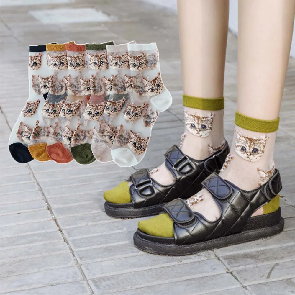 

Cartoon Summer Women Socks Transparent Glass Filament Cat Embroidery Female Socks Casual Breathable Girl Socks