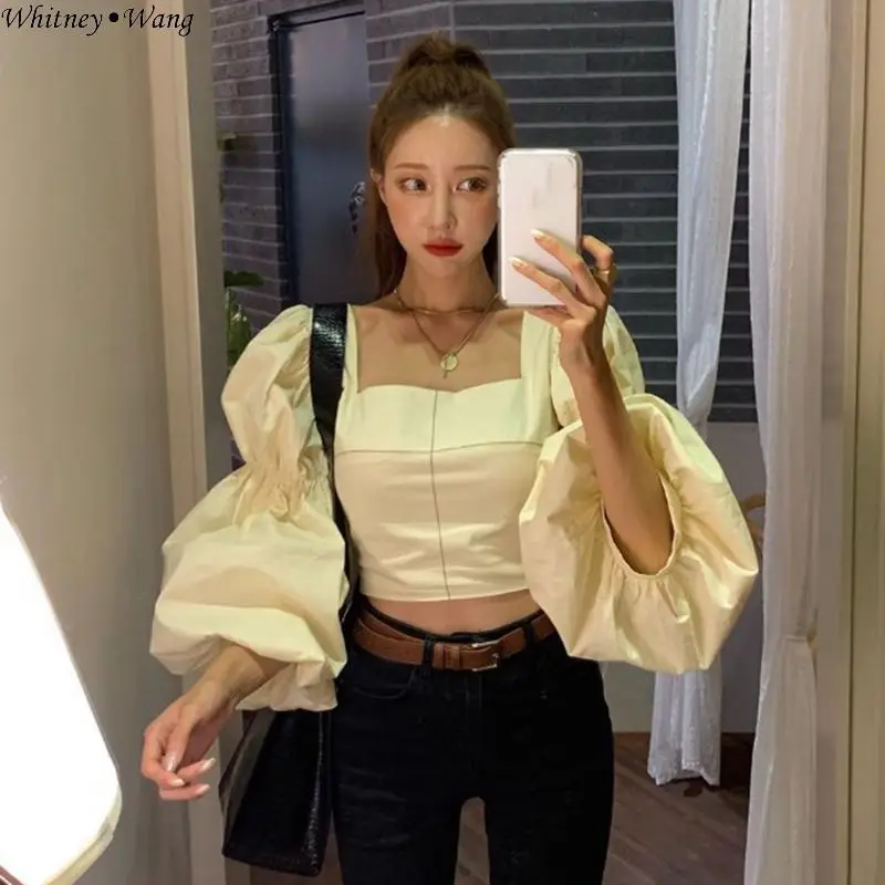 WHITNEY WANG блузки женские 2019 осень мода уличная футболка с пышными рукавами и
