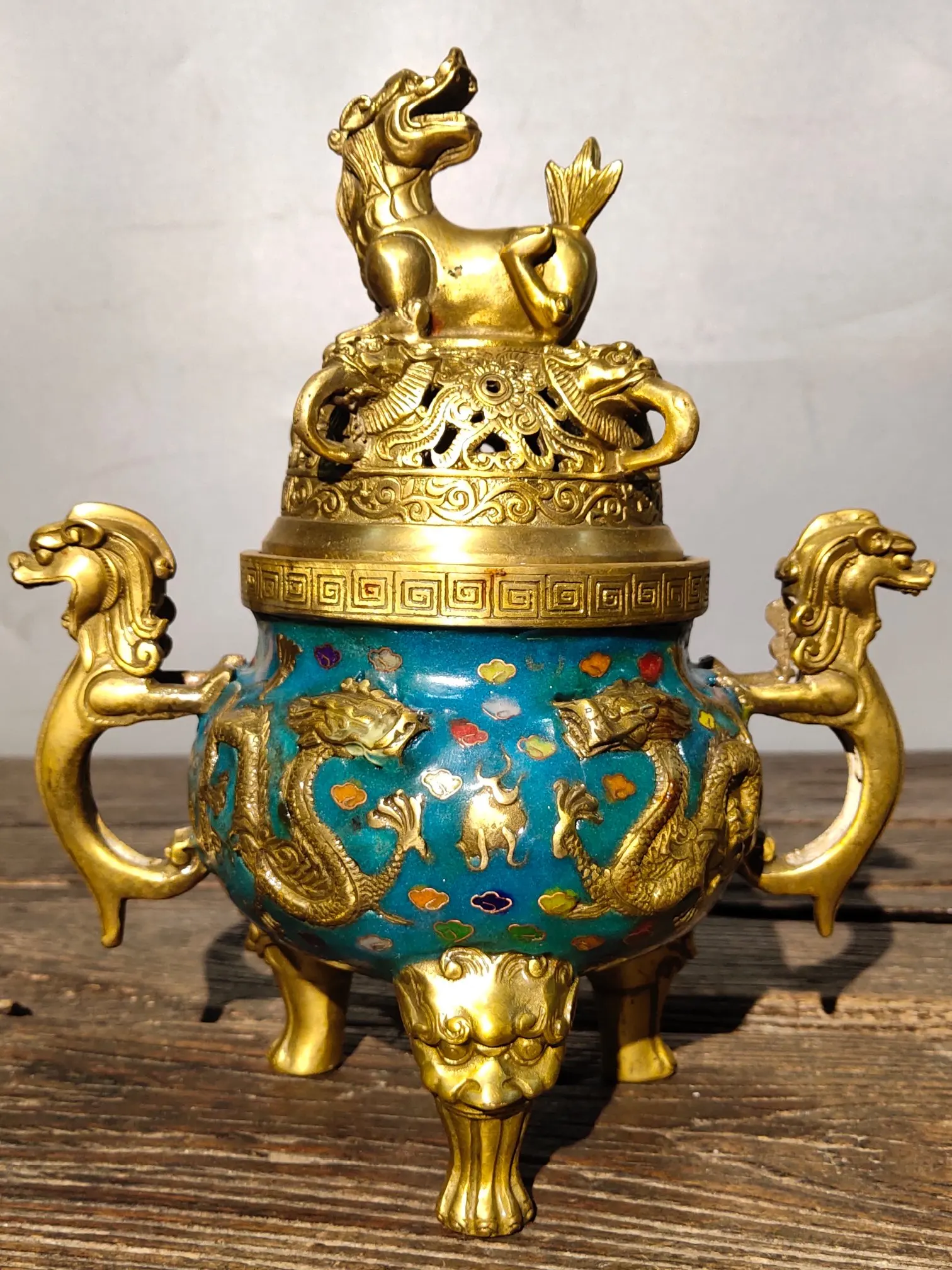 

9"Chinese Folk Collection Old Bronze Cloisonne brave troops Dragon Binaural Three-legged incense burner Ornaments Town House