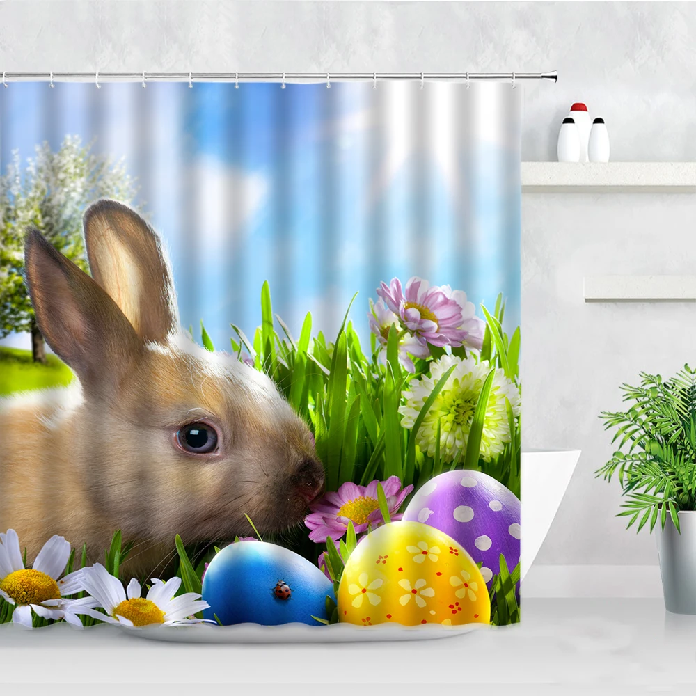 

Bunny Eggs Easter Shower Curtains Flowers Rabbit Spring Rural Natural Scenery Waterproof Bathroom Decor Bathtub Bath Curtain Set