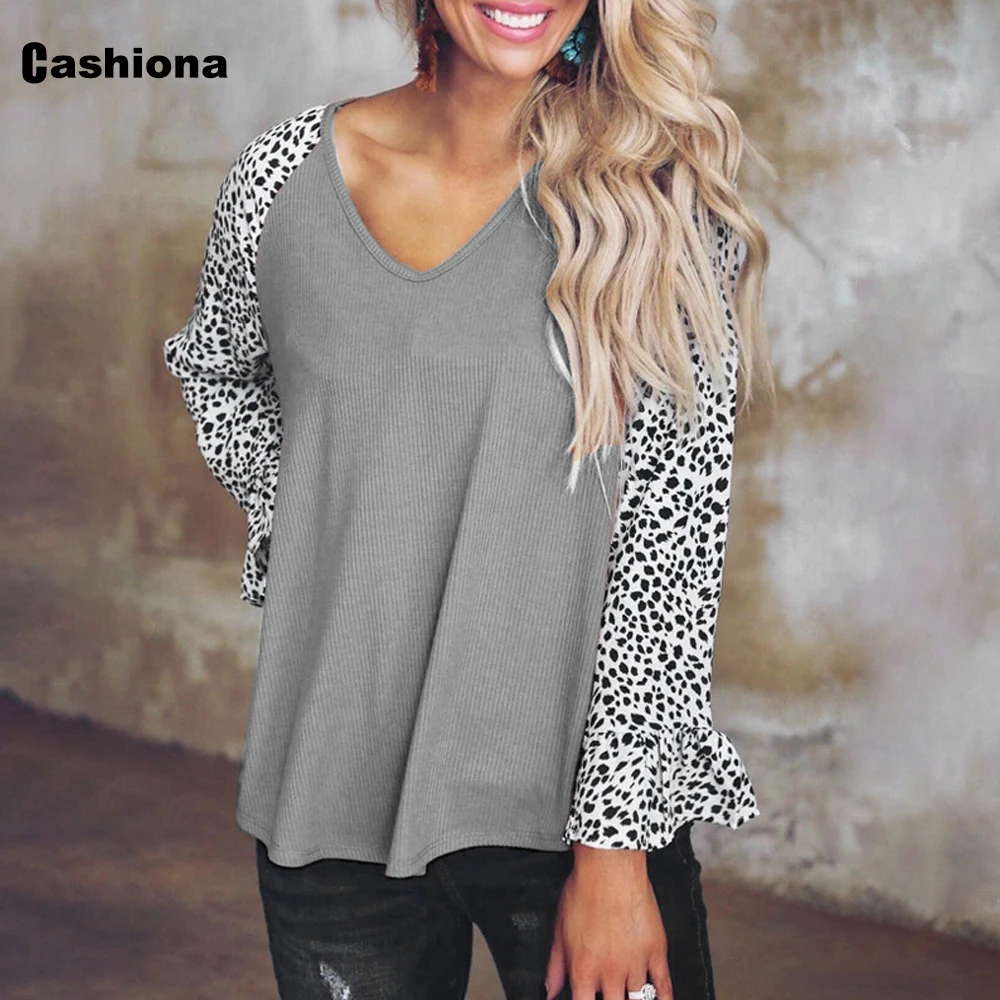 

Cashiona Plus Size Boho Long Sleeve Women's Tops Ladies Patchwork Leopard T-shirt Loose Casual Tees Female knitting Pullovers