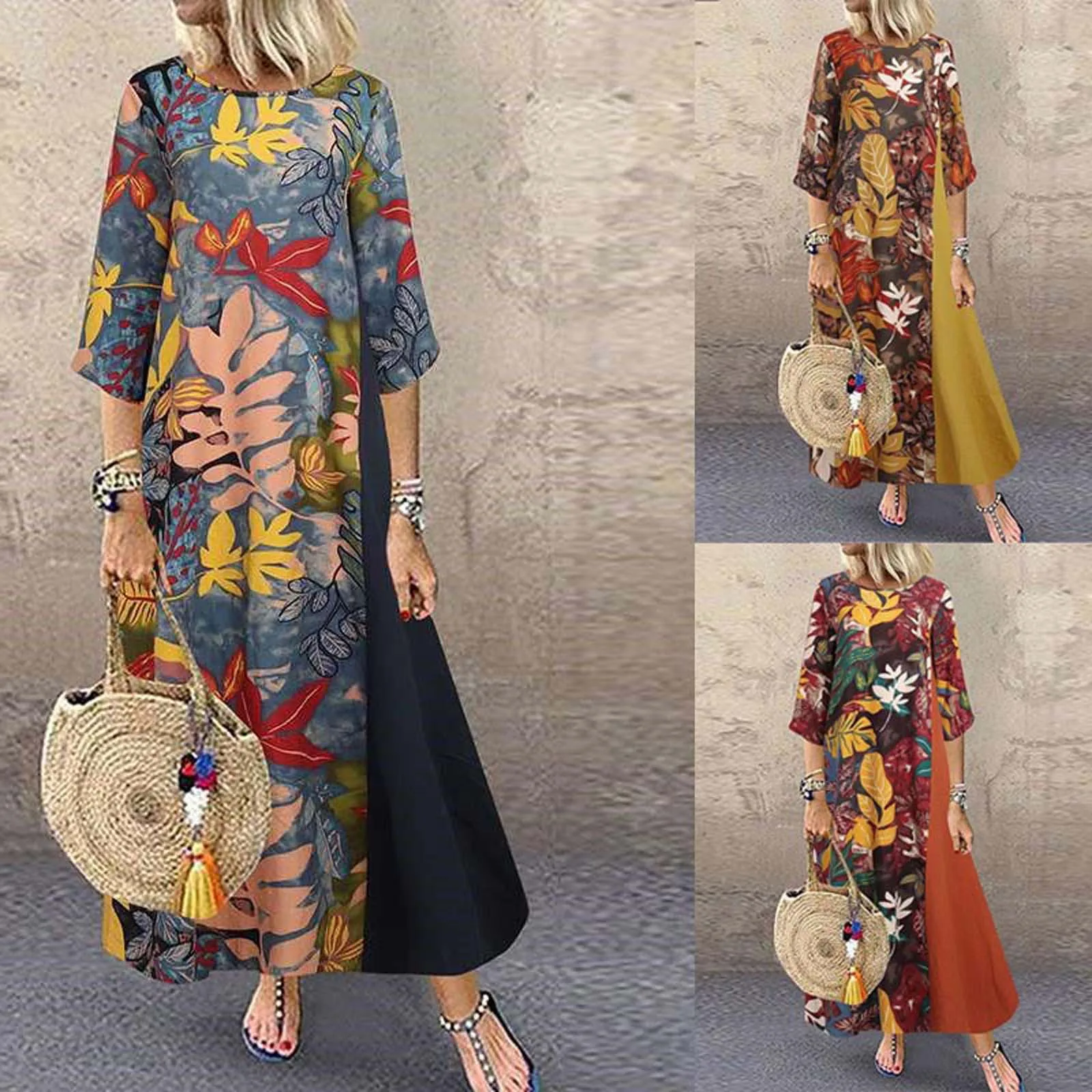 

Maxi Dresses For Women Autumn V-neck 3/4 Sleeve Loose Retro Cotton And Linen Printing High Quality Dresses Dames Kleding