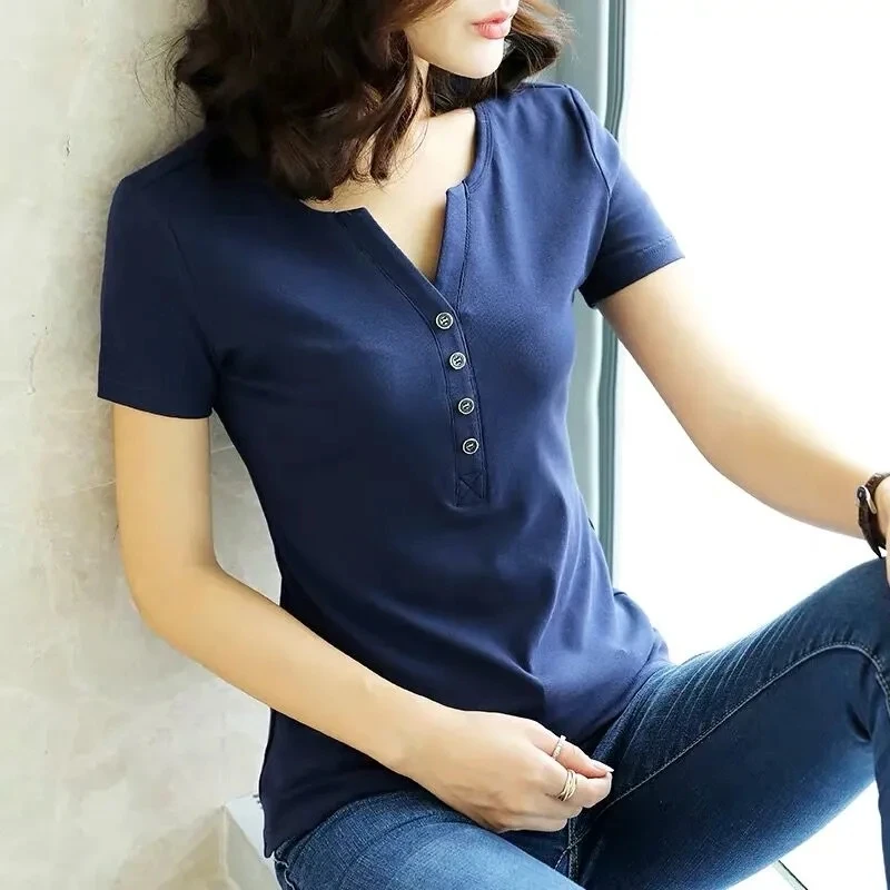 

Women's T Shirts Pure Cotton Top Casual Short-sleeve Shirt Lady Slim Tee Buttons V Neck Summer T Shirt Green Plus Size camisas