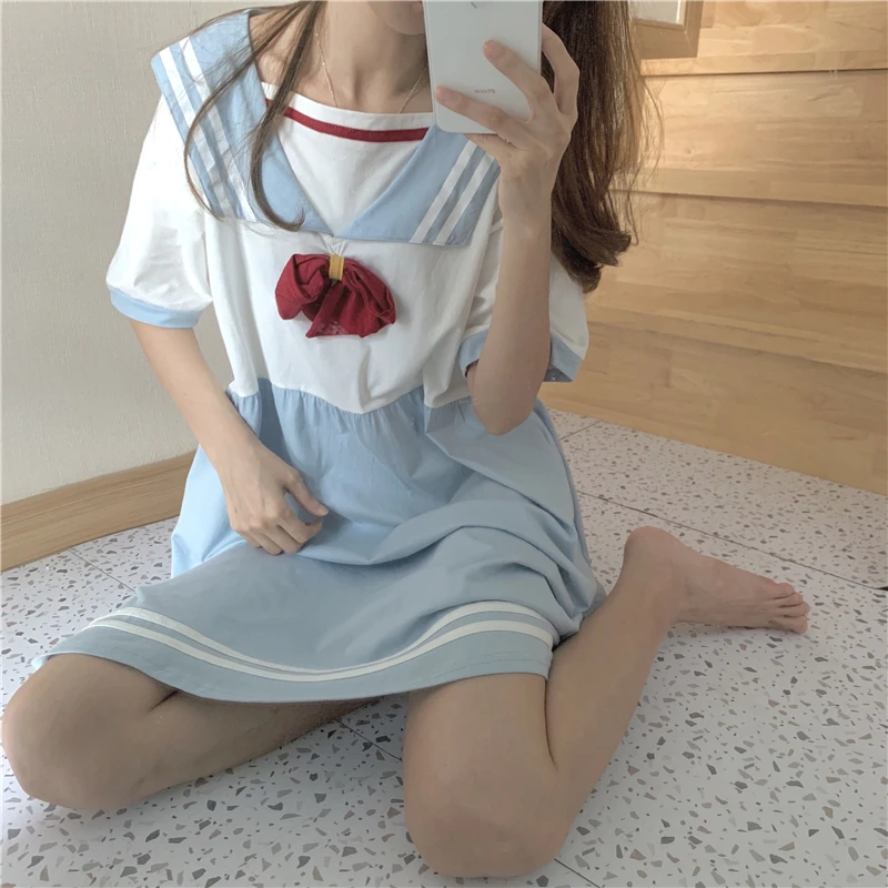 

Japanese Sweet Soft Girly Loose Women Cute Dress 2020 Summer Sailor Collar Red Bow Tie Kawaii Ruffles Mid-Calf Dresses Vestidos