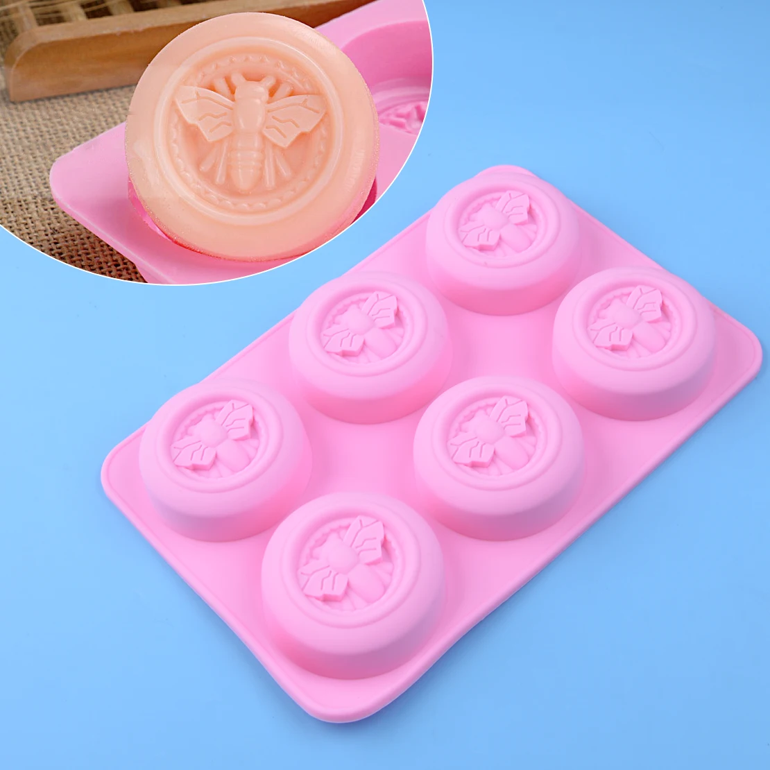 

6 Cavity Pink Round Silicone Honey Bee Wax Soap Mould Mold Tray Handmade DIY Making Crafts