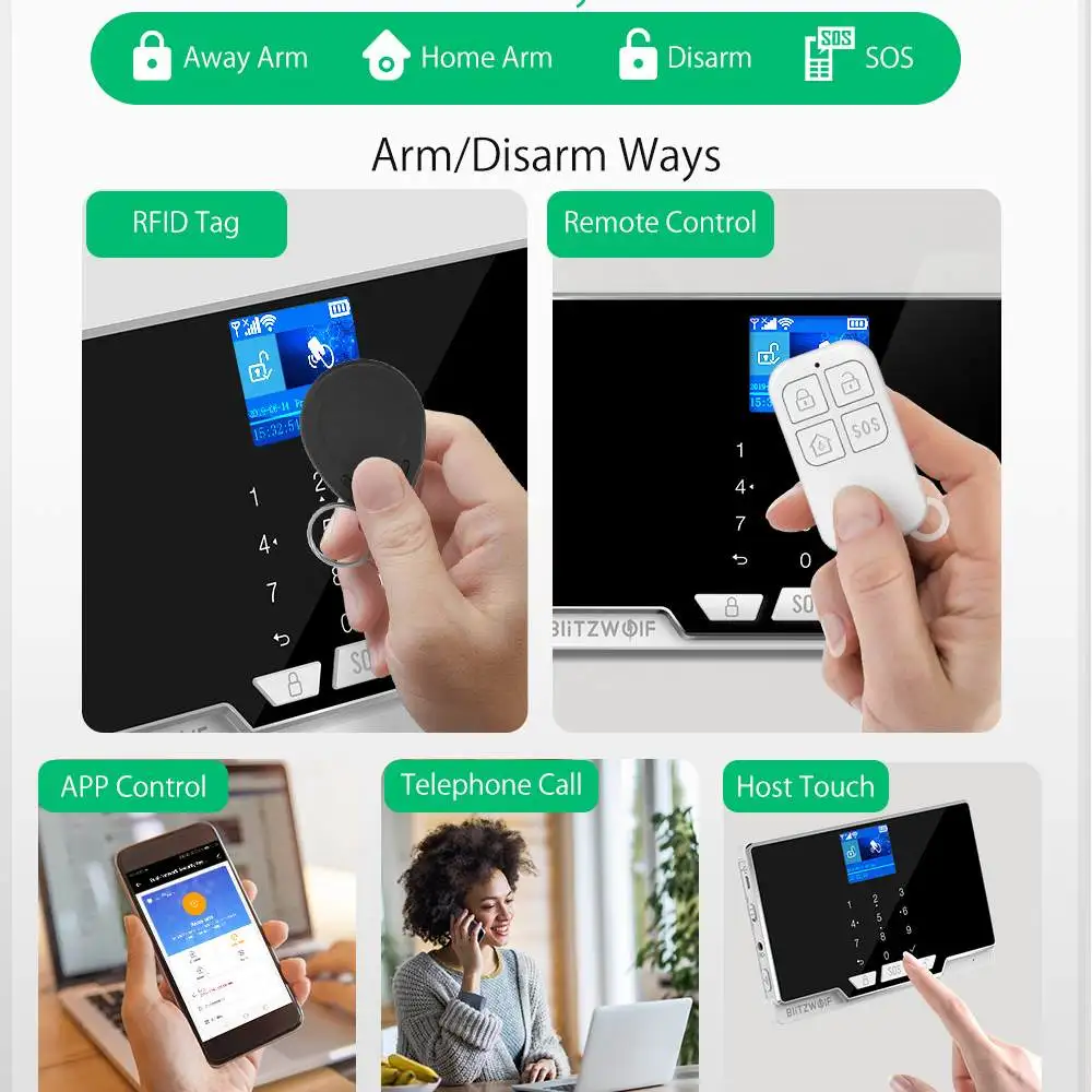 

BlitzWolf Home Alarm 2G GSM & 433Mhz & WIFI Smart Home Security Alarm System Door & Window Sensor PIR Motion Detected RFID Host