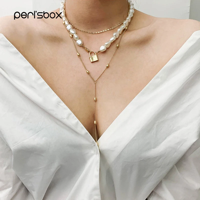 

Peri'sbox 3pcs/Set Faux Pearl Choker with Padlock Baroque Pearl Lock Chokers Necklaces Dainty Beaded Chain Layered Y Necklace