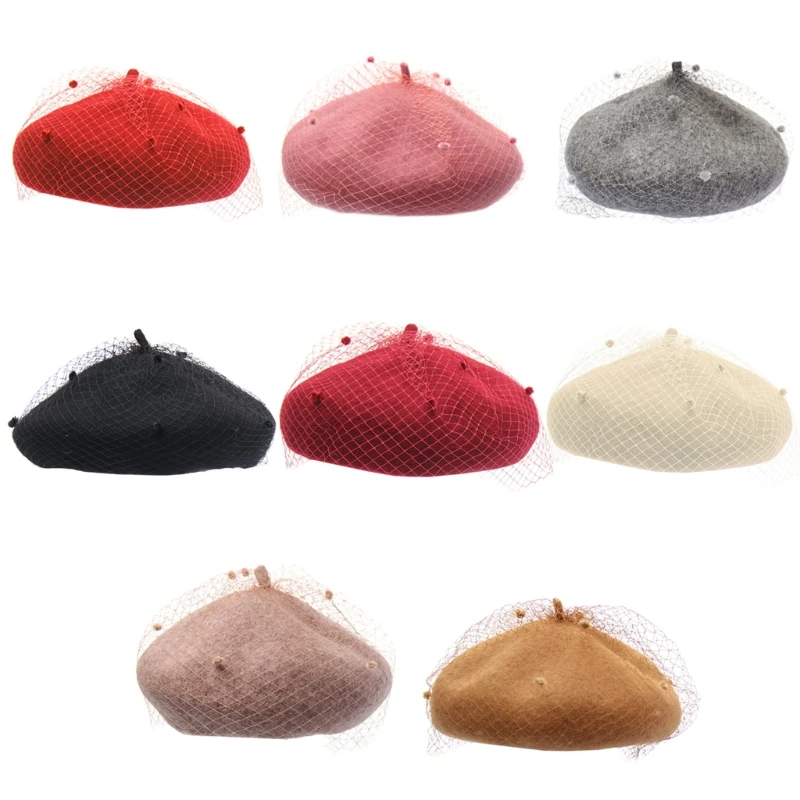 

Women Ladies Autumn Winter Wool Beret Vintage Net Veil Pattern Female Painter Outdoor Elegant Beanies Bonnet Hat