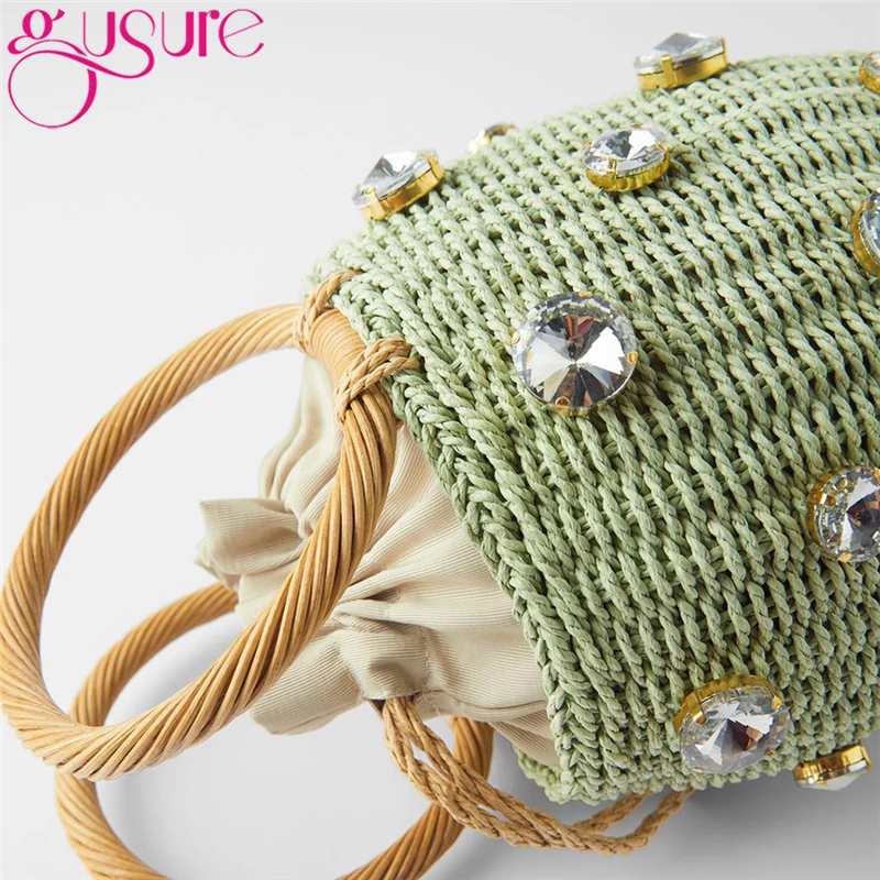 Gusure Green Diamonds Straw Handbags For Women Hand-woven Rattan Bag Female Tote 2021 New Summer Holiday Bohemia Beach |
