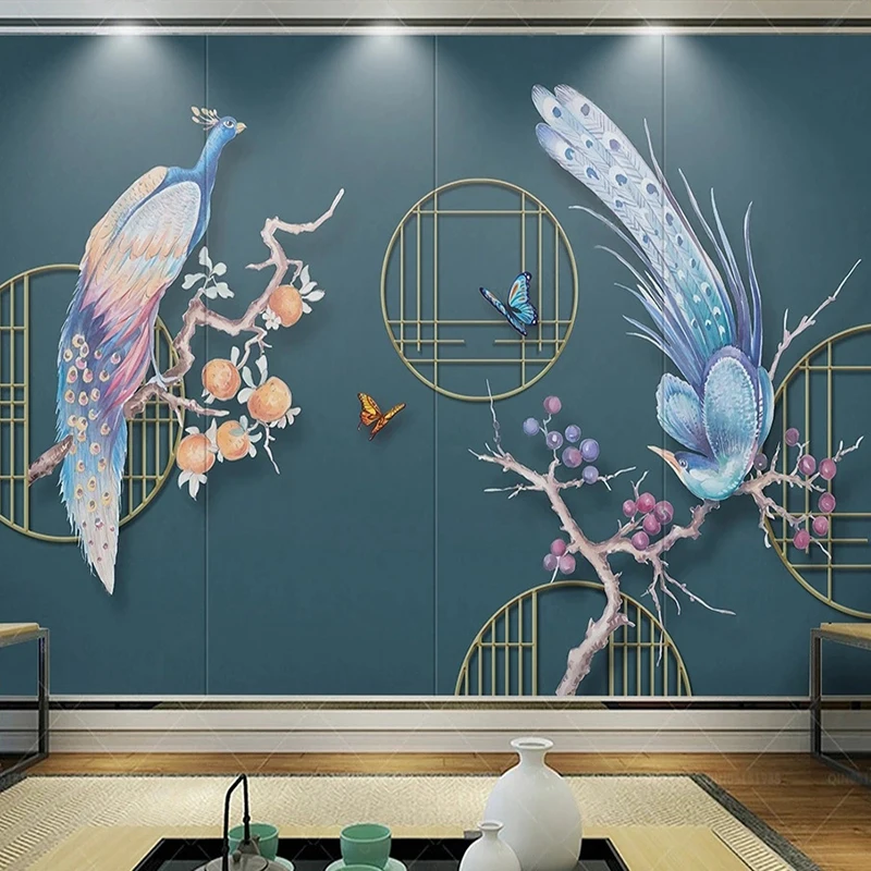 

Embossed 3D Stereoscopic Wallpaper Custom Photo Mural Chinese Style Flower Butterfly Peacock Wall Coverings Decorative Painting
