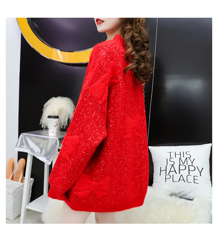 women's sweater new autumn and winter solid color long-sleeved bow embroidery thick warm | Женская одежда