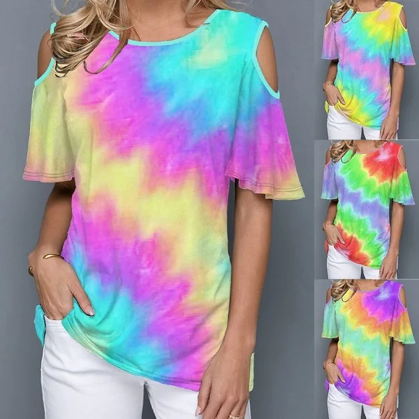 

Women Tie-dye Print Short T-Shirts Ladies Casual Loose Gradient Color Print Tee Tops Sexy Hollow Out New Fashion Streetwear