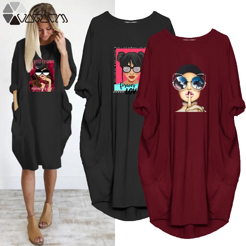 

Women Midi Dresses Cartoon Girl Print Plus Size Long Sleeve O Neck Pockets Loose Autumn Vintage Casual Streetwear Robe Vestidos