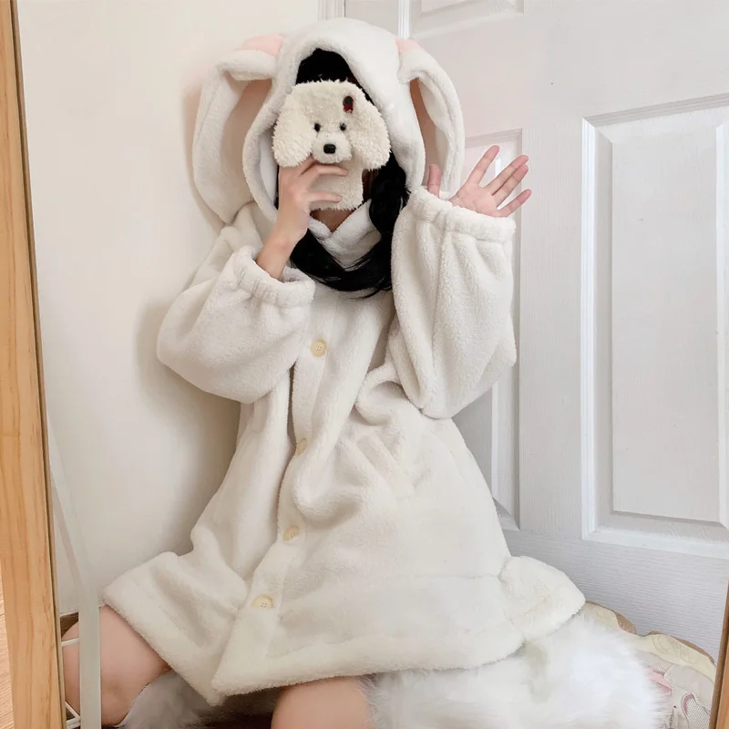 Japanese Kawaii Rabbit Ears Hooded Lambswool Coat For Women  Winter Full Sleeve Cute Single-Breasted Soft Girl Lolita Outweare