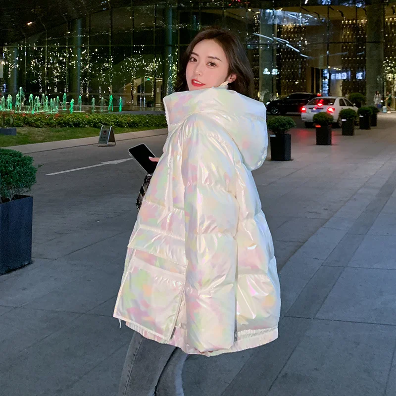 

White Glaze Surface Laser Colorful down Jacket Female Mid-Length Winter Clothing New White Duck down Hooded Thickened Jacket