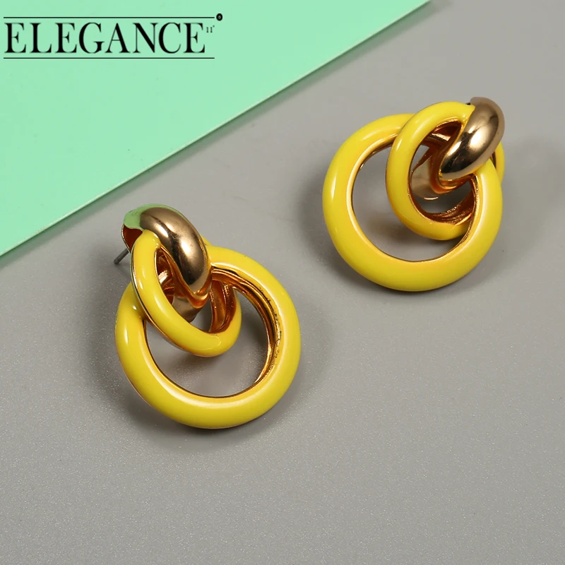 

ELEGANCE11 Women Exaggerated Earrings Big Metal Ring Pendant 5 Colors Colorful Metal Earrings Surface Green Paint Fine Jewelry