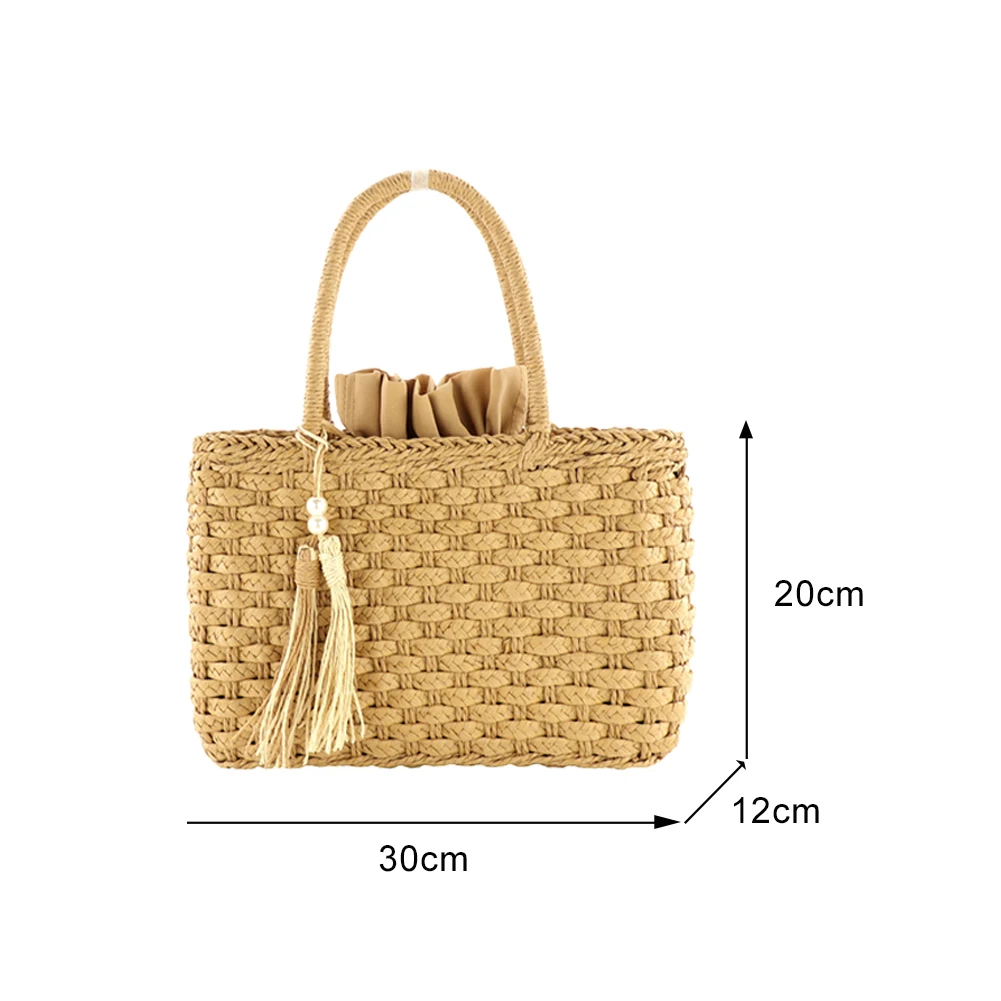 

Fashion Rattan Women Woven Handbags Lady Drawstring Shoulder Bag Summer Beach Straw Bag Large Capacity Tote Bag w/ Pearl Tassel