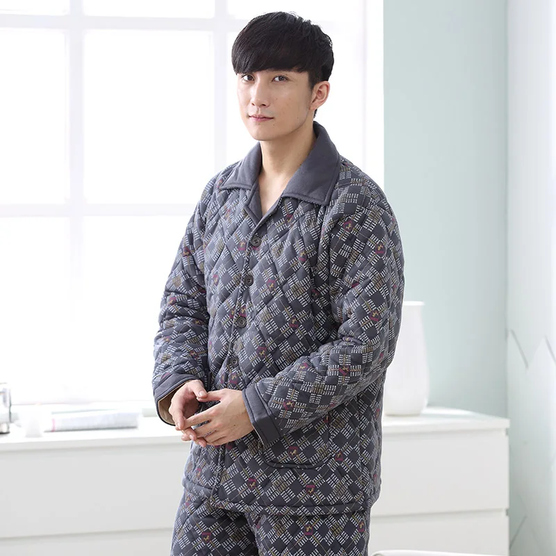 Men Pajama Set Pyjamas Suits Winter Three-layer Quilted Thick Full Cotton Warm Sleepwear Night Suit 3XL Men Nightwear Loungewear