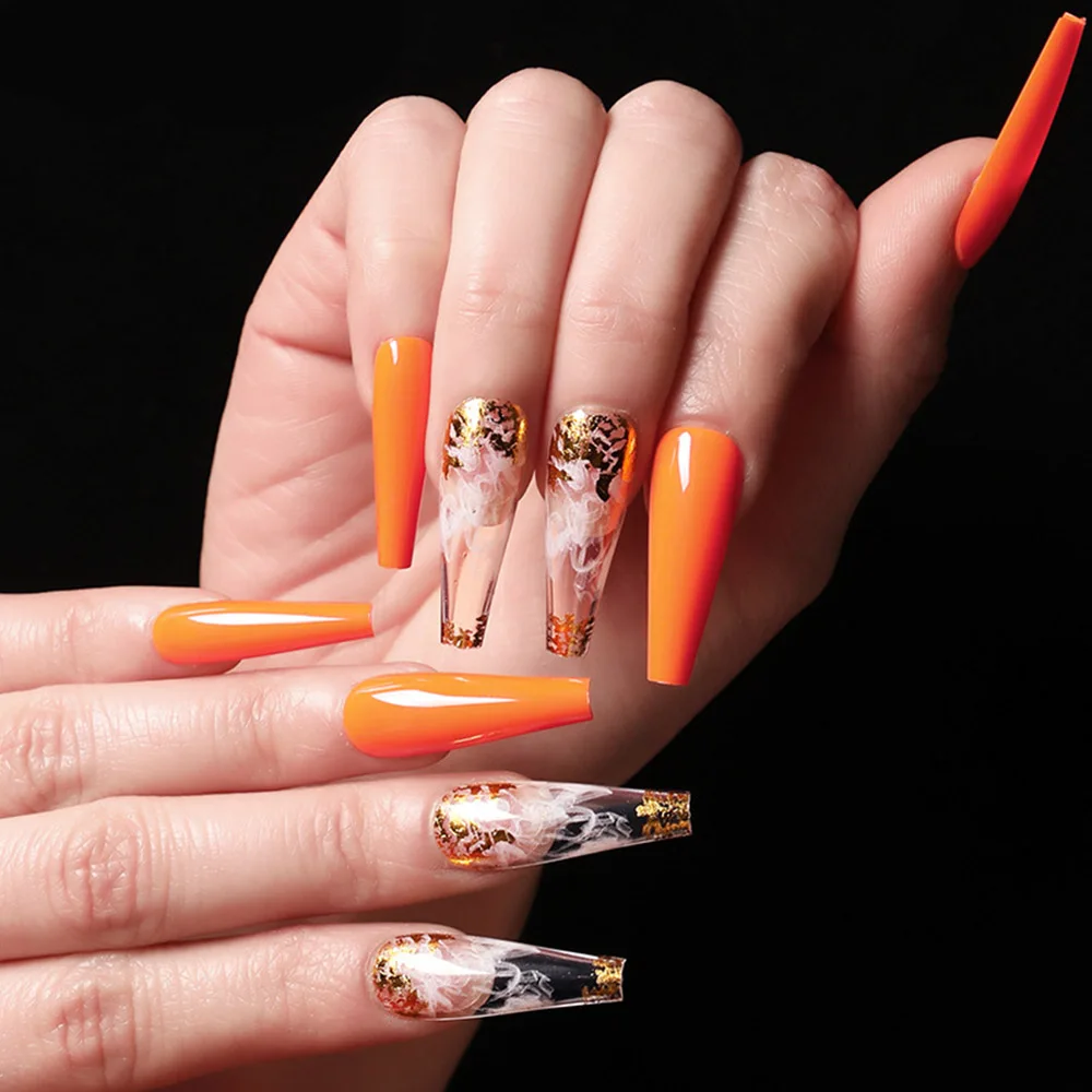 

Длинные накладные ногти с клеем, дизайнерские европейские и американские балетные ногти, дизайн оранжевого дыма, накладные ногти в коробке