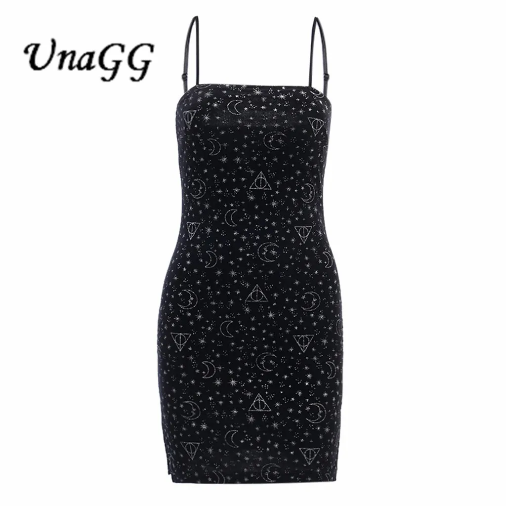 

UnaGG Black Sexy Spaghetti Straps Dress Women Gothic Moon Stars Print Retro Mini Dress Streetwear Slit Bodycon Female Dresses #1
