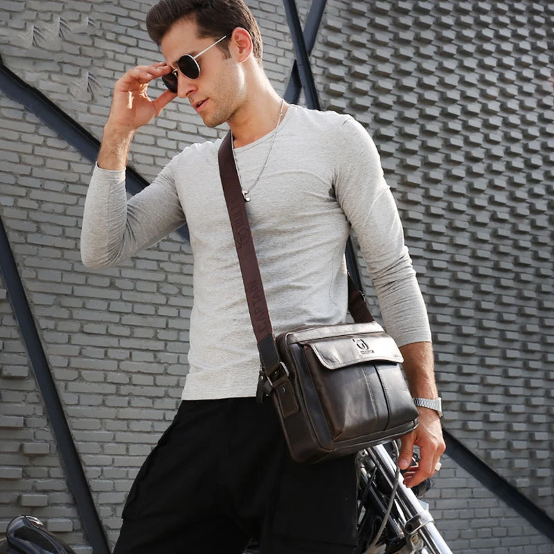 Сумка мессенджер из натуральной кожи для мужчин коричневая желтая с откидной