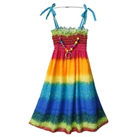 summer girls bohemian dresses off shoulder floral sleeveless rainbow beach suspender dress with necklace