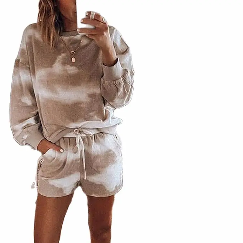 

2021 Spring New Ladies 2-piece Pajamas Suit Tie-dye Printed Pajamas Long-sleeved Shorts Ladies Casual Home Wear