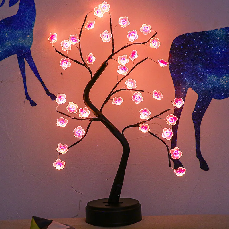 LED Cherry Blossoms Tree Night Light Copper Wire Garland Lamp For Home Kids Bedroom Decoration Luminary Holiday Lighting