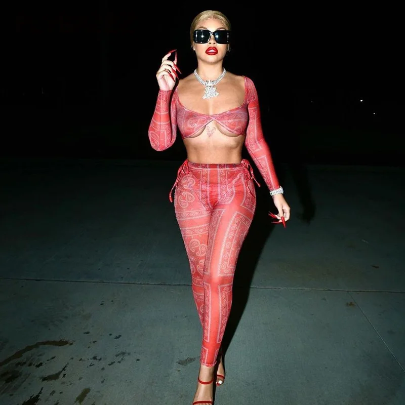 

Spring Autumn Sexy Two Piece Set Low-cut Bandage Mesh See Through Print Top Fashion Streetwear Club Slim Stretch Pant Activewear