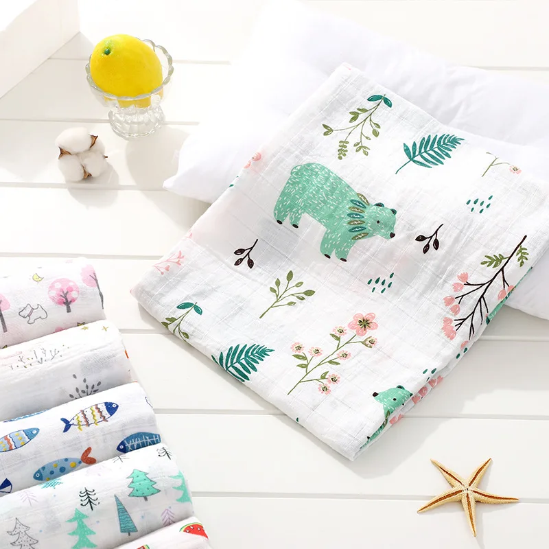 

Pure Cotton Class a Double-Layer Plaid Gauze Scarf Baby's Bath Towel Soft Cartoon Printed Baby Swaddle Cart Towel