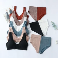 seamless wireless bra panties suit women underwear set french sexy brabriefs set padded striped bra briefs 2pcs