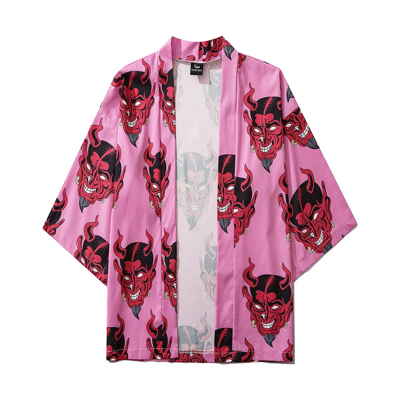 

Streetwear Kimono Tide Brand Devil Head Print Blouses High Street Loose Open Stitch Shirt Men Women Youth Cloak Robe 2021