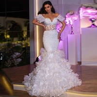 white elegant exquisite evening dress a line mermaid tulle ruffle layered dress special occasion saudi arabia formal prom dress