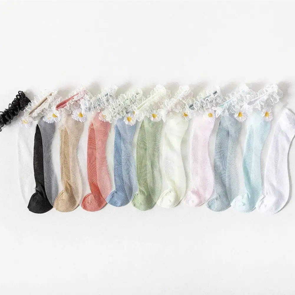 

Women Socks For Summer Ultra-thin Transparent Cass Glass Fiber Silk Socks Fashion Daisy Flower Japan Ankle Socks M0y6
