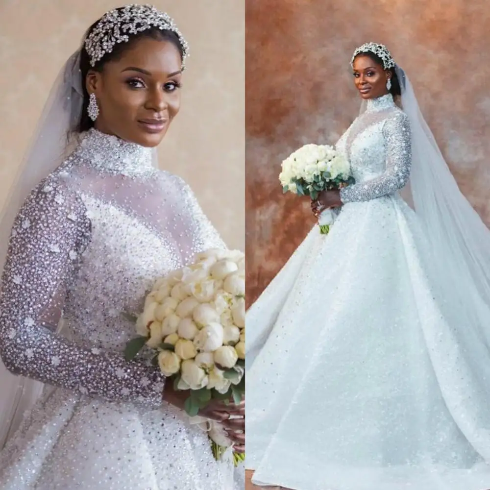 

2020 Plus Size Wedding Dresses African Ball Gown High Collar Beading Sequins Bridal Dress Long Sleeves Arabic Wedding Gowns