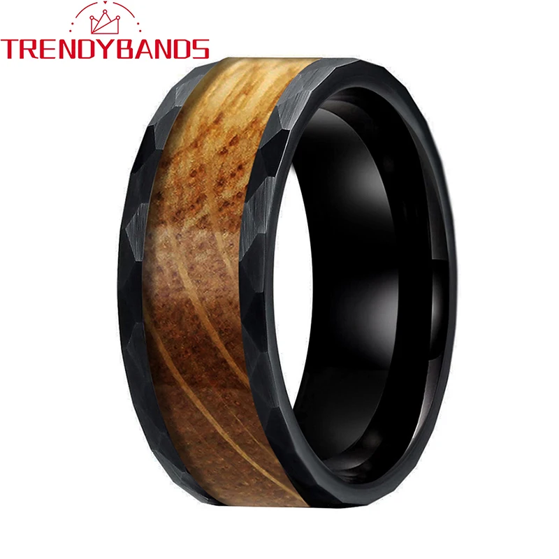 

Black New Style 8mm Tungsten Hammered Ring for Men Women Whiskey Barrel Wood Inlay Wedding Bands Jewelry Brushed Finish